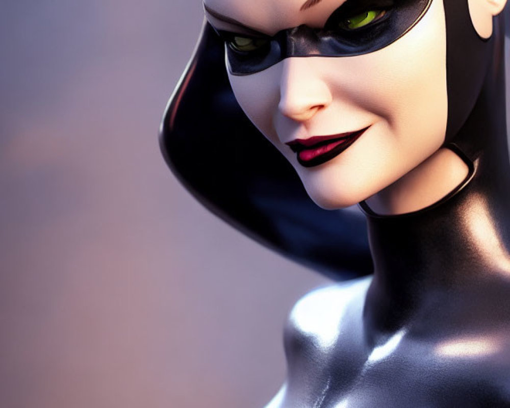 Female character 3D render in black mask, green eyes, red lips, shiny costume