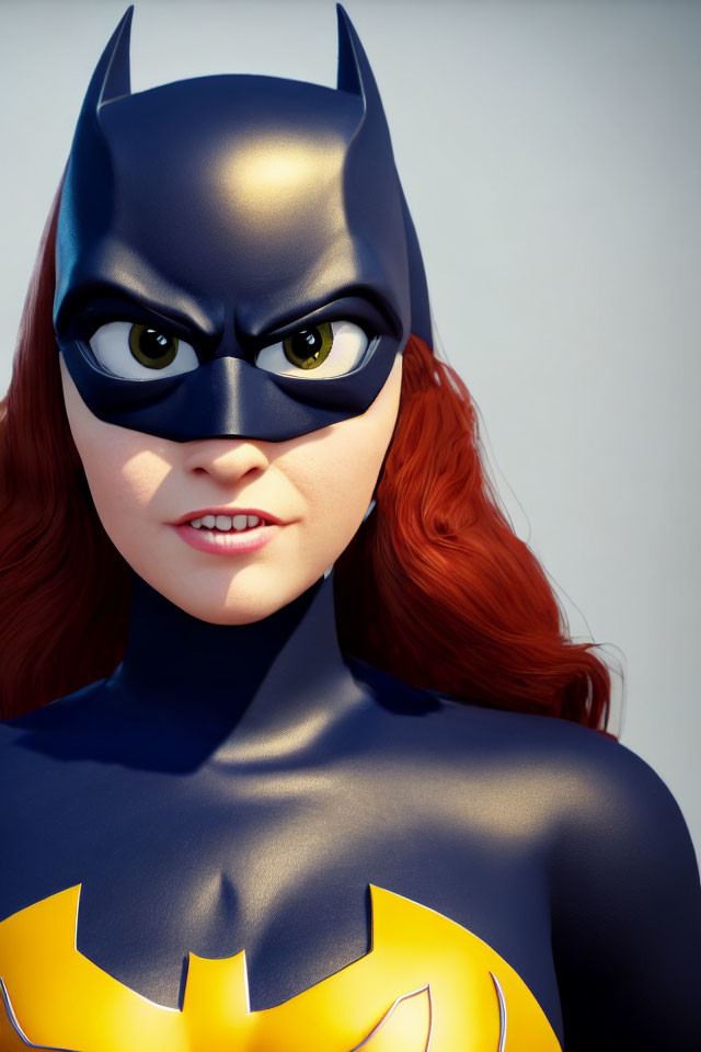 Female superhero 3D rendering with bat emblem, black mask, cowl, and long red hair