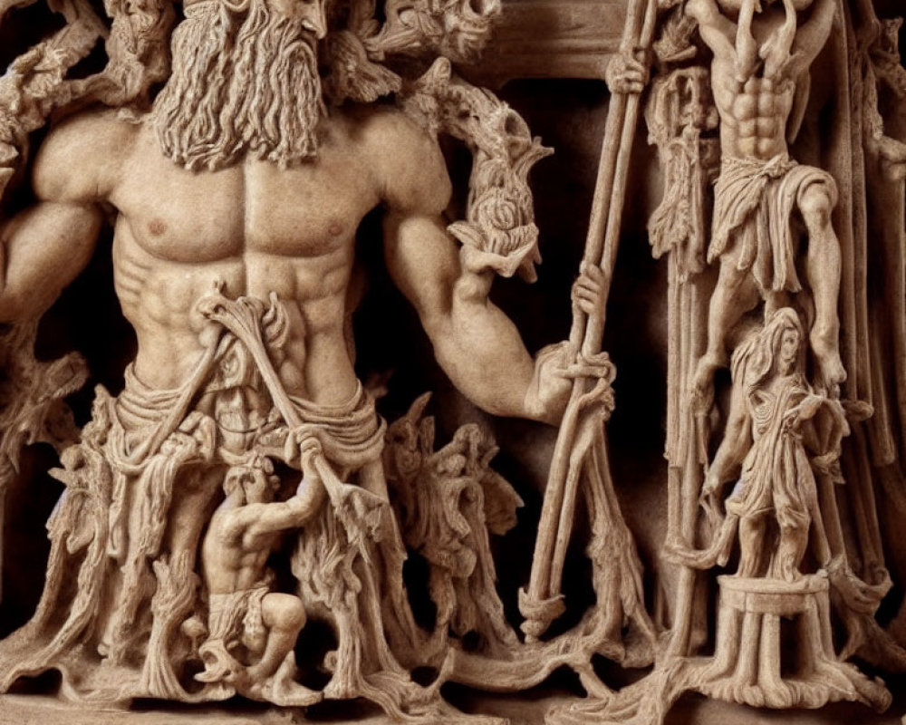 Detailed Wooden Relief of Robust Mythical Figure and Characters