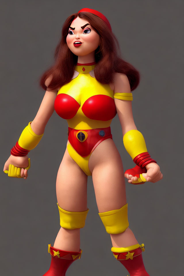 Stylized 3D rendering of female character in red hair and superhero costume