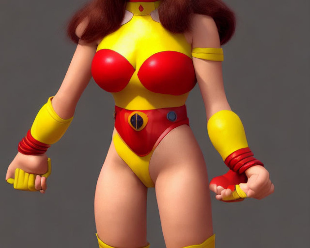 Stylized 3D rendering of female character in red hair and superhero costume