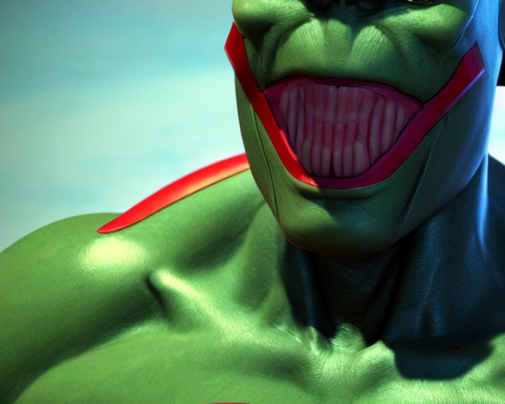 Detailed 3D-rendered green superhero with red eyes and emblem on blue background