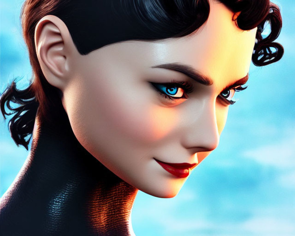 Woman with Blue Eyes in Black Suit Digital Artwork with Wavy Hair and Blue Background