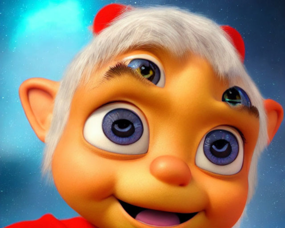 Blue-eyed animated character with red horns and white hair in red jacket on fiery background.