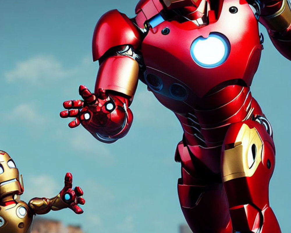 Detailed image of Iron Man in red and gold armor with toy-like version, cityscape background.
