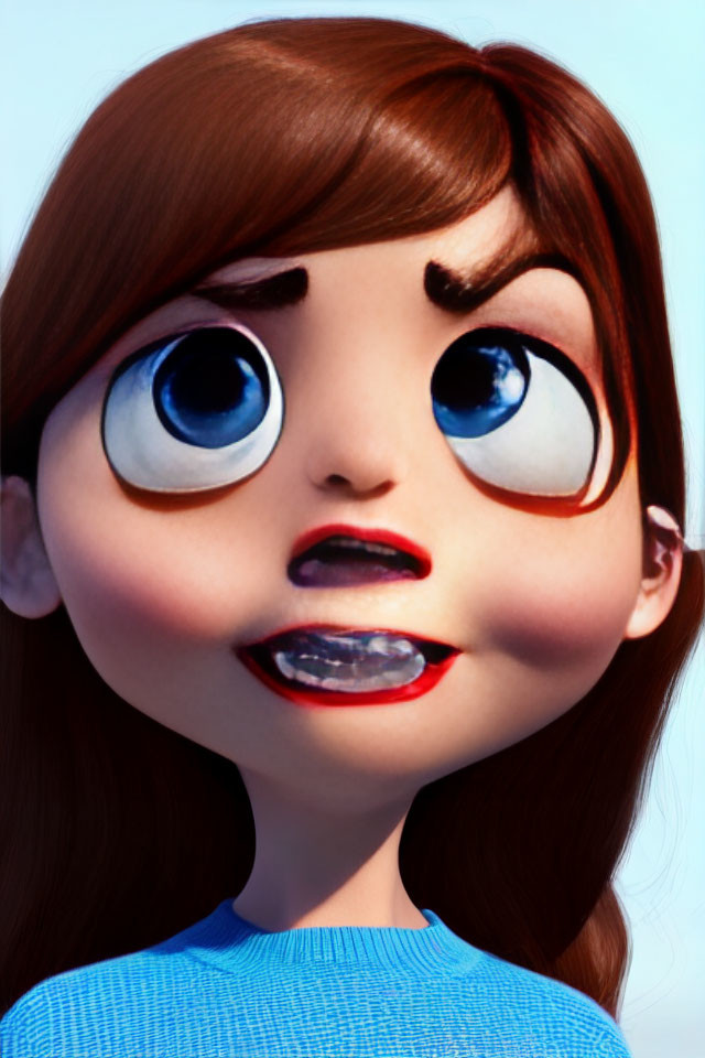 Animated girl with blue eyes, brown hair, braces, blue top, surprised expression