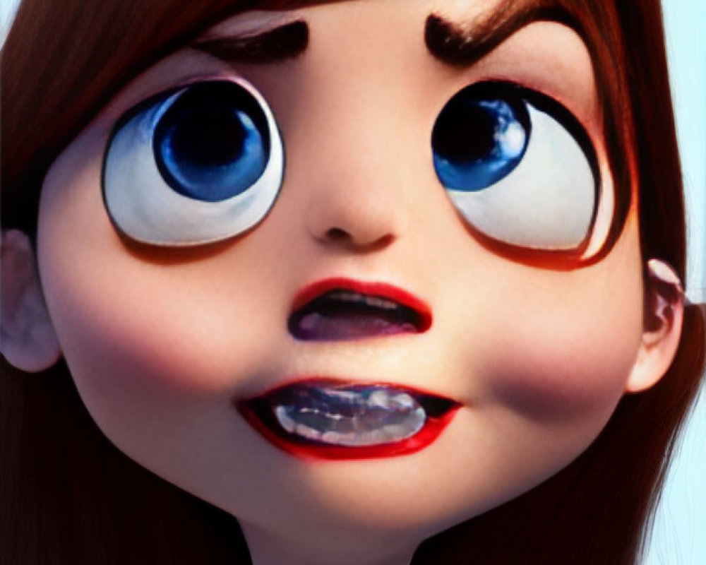 Animated girl with blue eyes, brown hair, braces, blue top, surprised expression