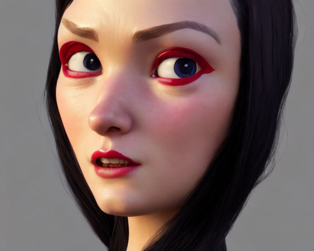 Dark-haired female character with red eyeshadow and subtle smile on neutral background
