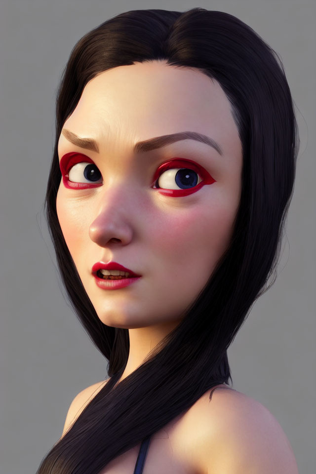 Dark-haired female character with red eyeshadow and subtle smile on neutral background