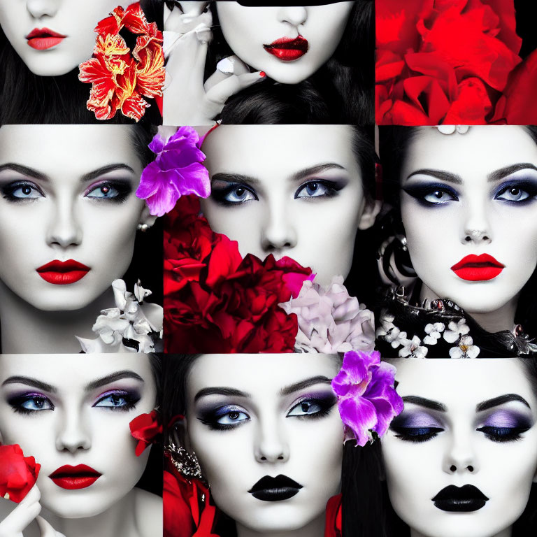 Collage of woman's face with bold makeup and floral accents