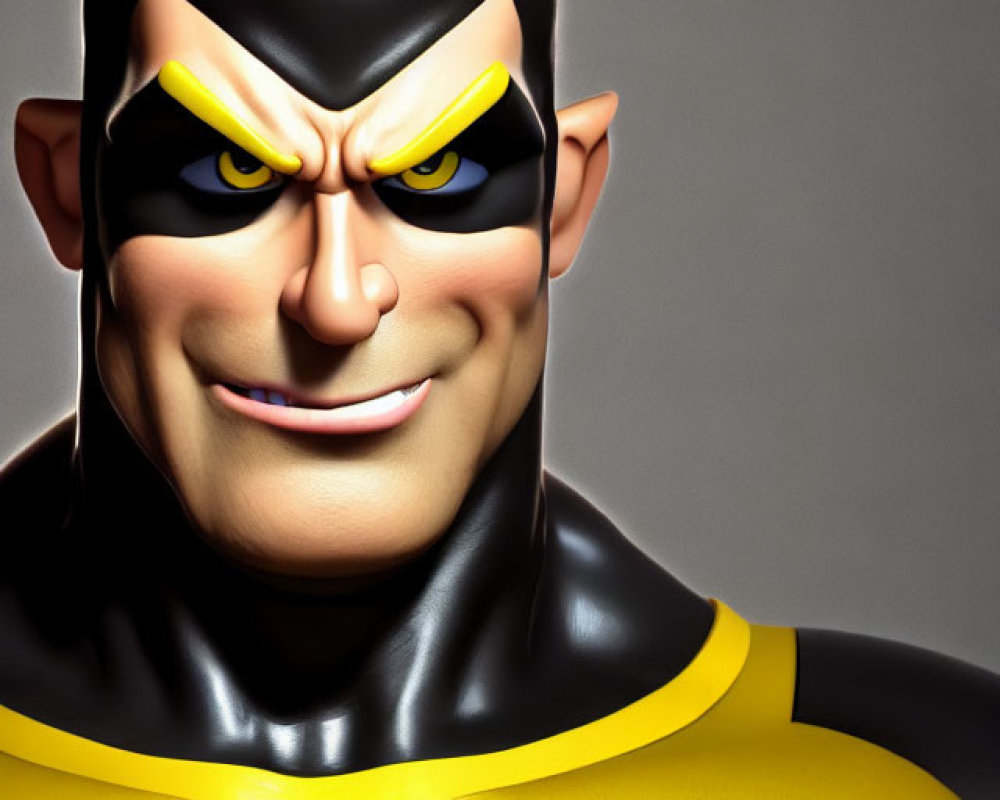 Animated character in black and yellow suit with broad grin and expressive eyes