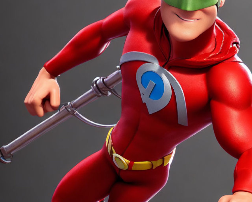 Red-suited 3D animated superhero with 'i' logo flying with staff