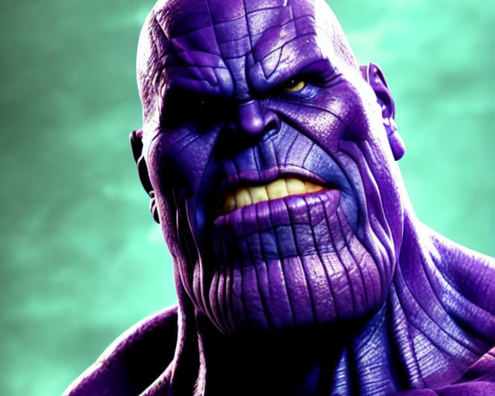 Grim-faced Thanos close-up on greenish backdrop
