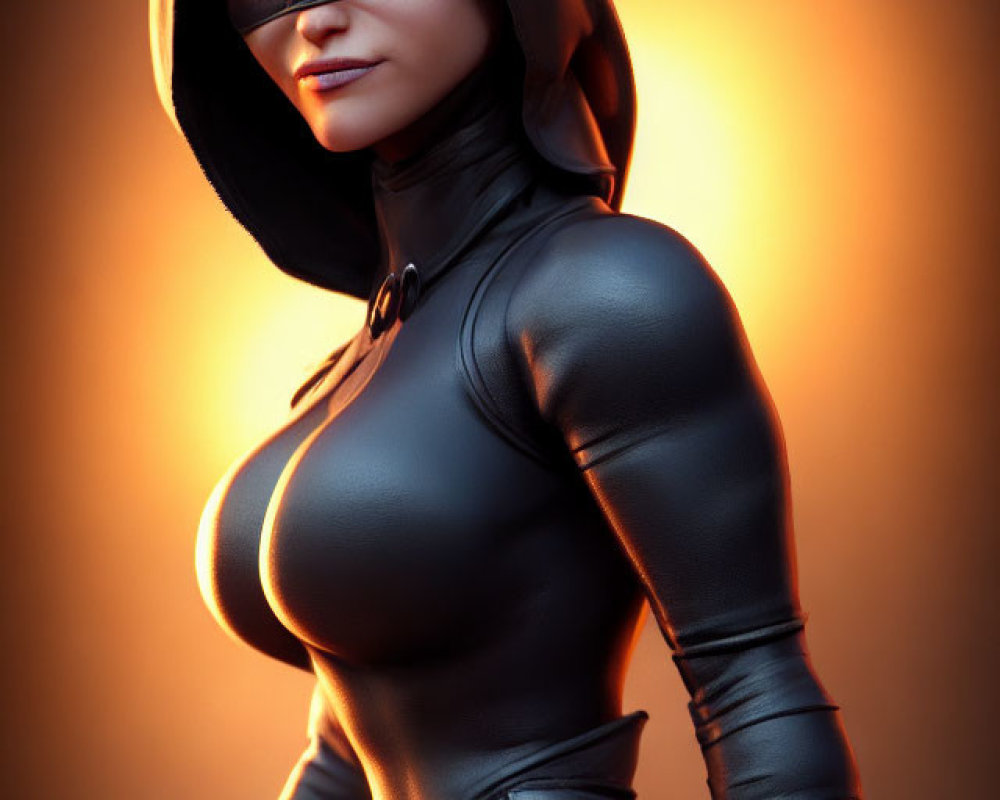 Female character in black skin-tight suit with mask posing on amber background