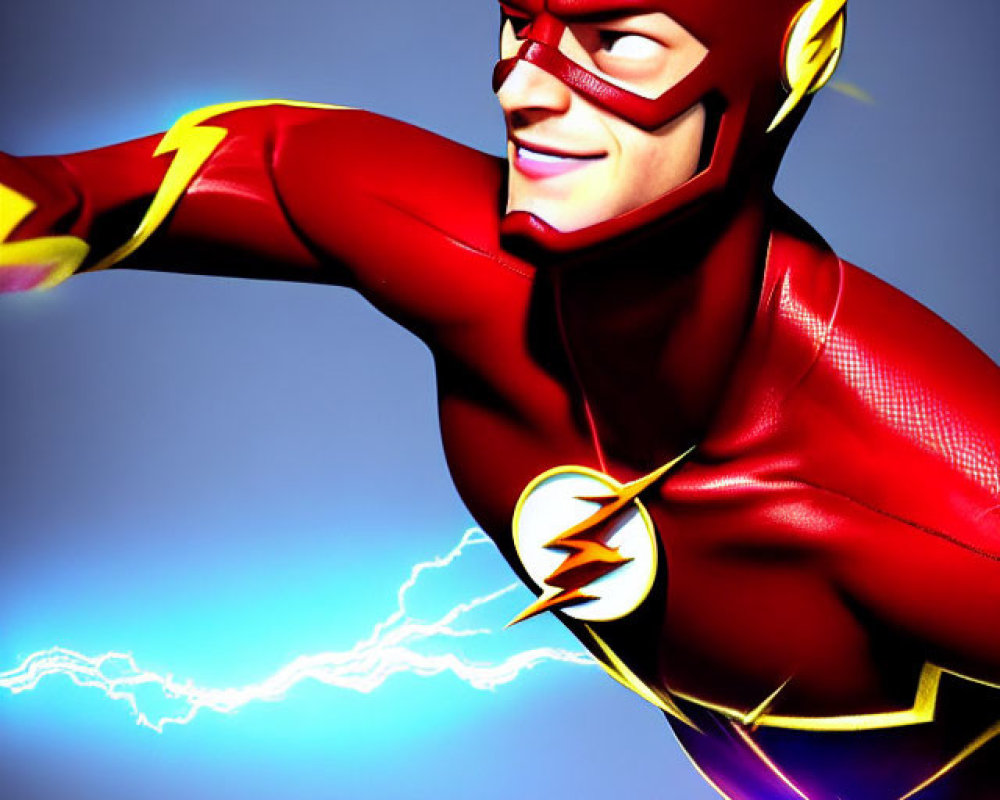 Dynamic Red-Suited Superhero Illustration with Lightning Motifs