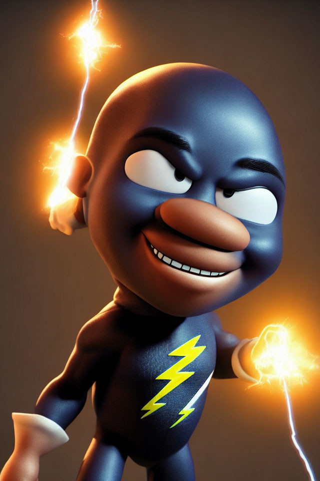 Electric-powered 3D animated character in black suit with yellow lightning bolts, confidently grinning with sparking