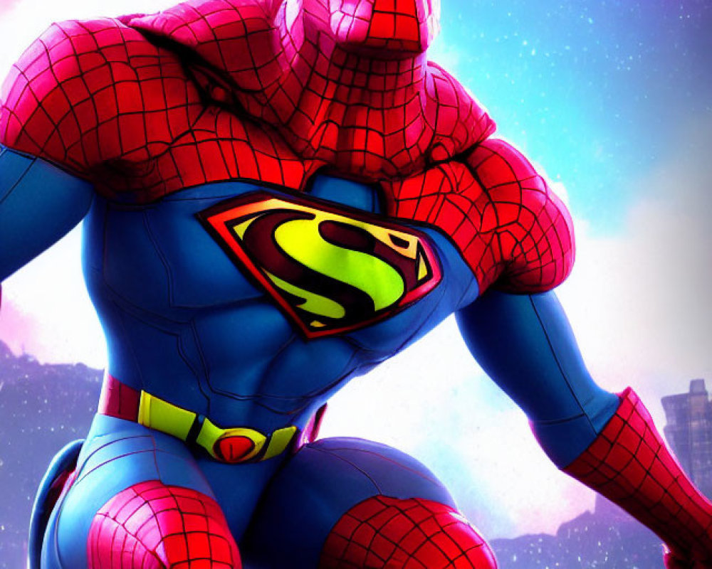 Hybrid superhero digital art: Spider-Man's head on Superman's body in futuristic city.