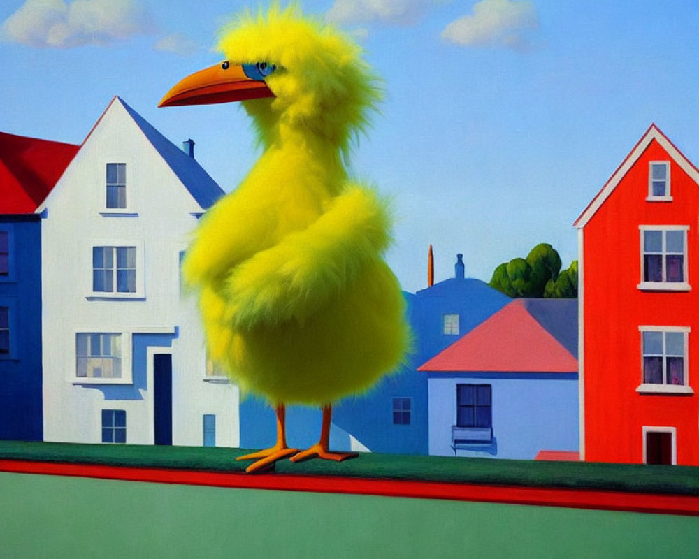 Colorful houses backdrop to giant fluffy yellow chick under blue sky