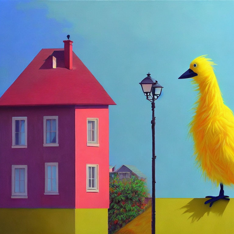 Colorful painting: yellow bird, street lamp, pink house, blue sky