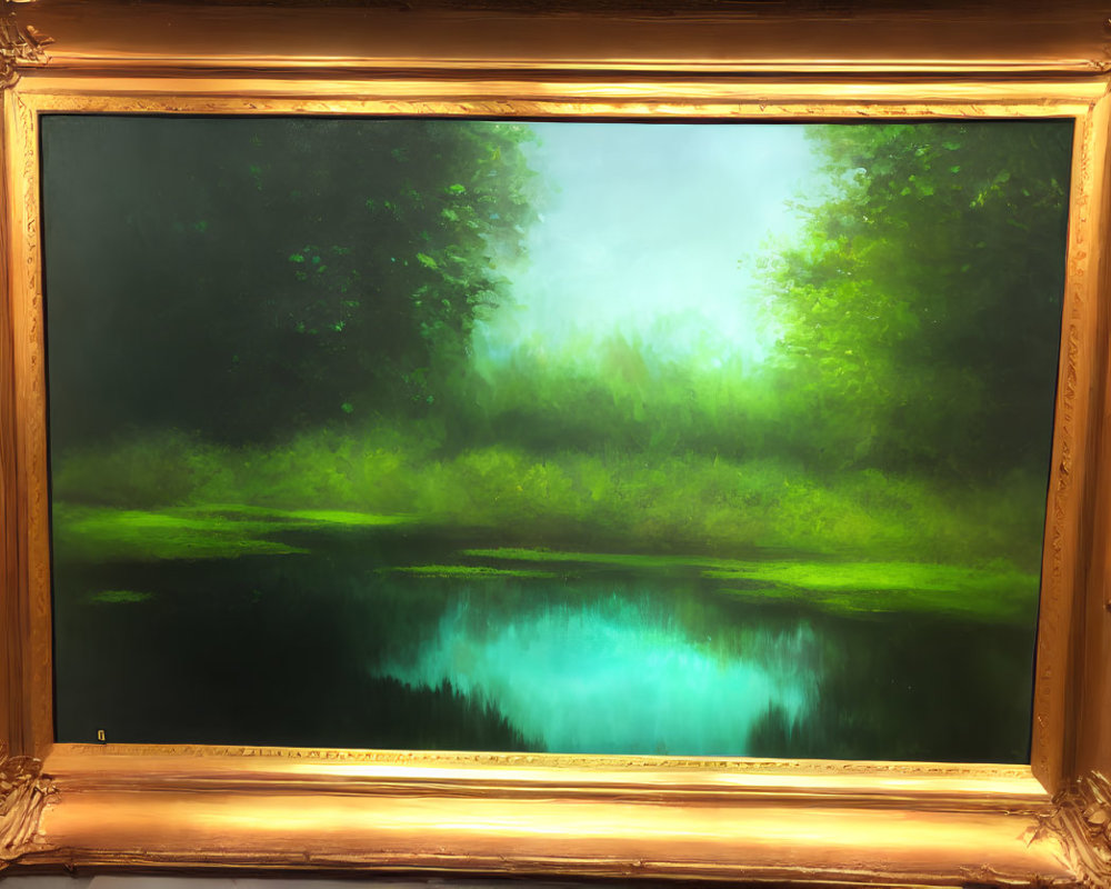 Gold Frame Surrounds Tranquil Forest Painting