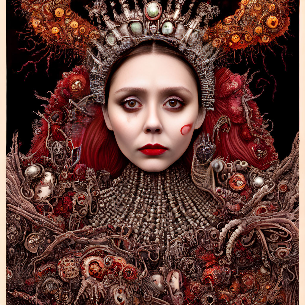 Intricate woman with ornate headgear and red hair in dark fantasy setting
