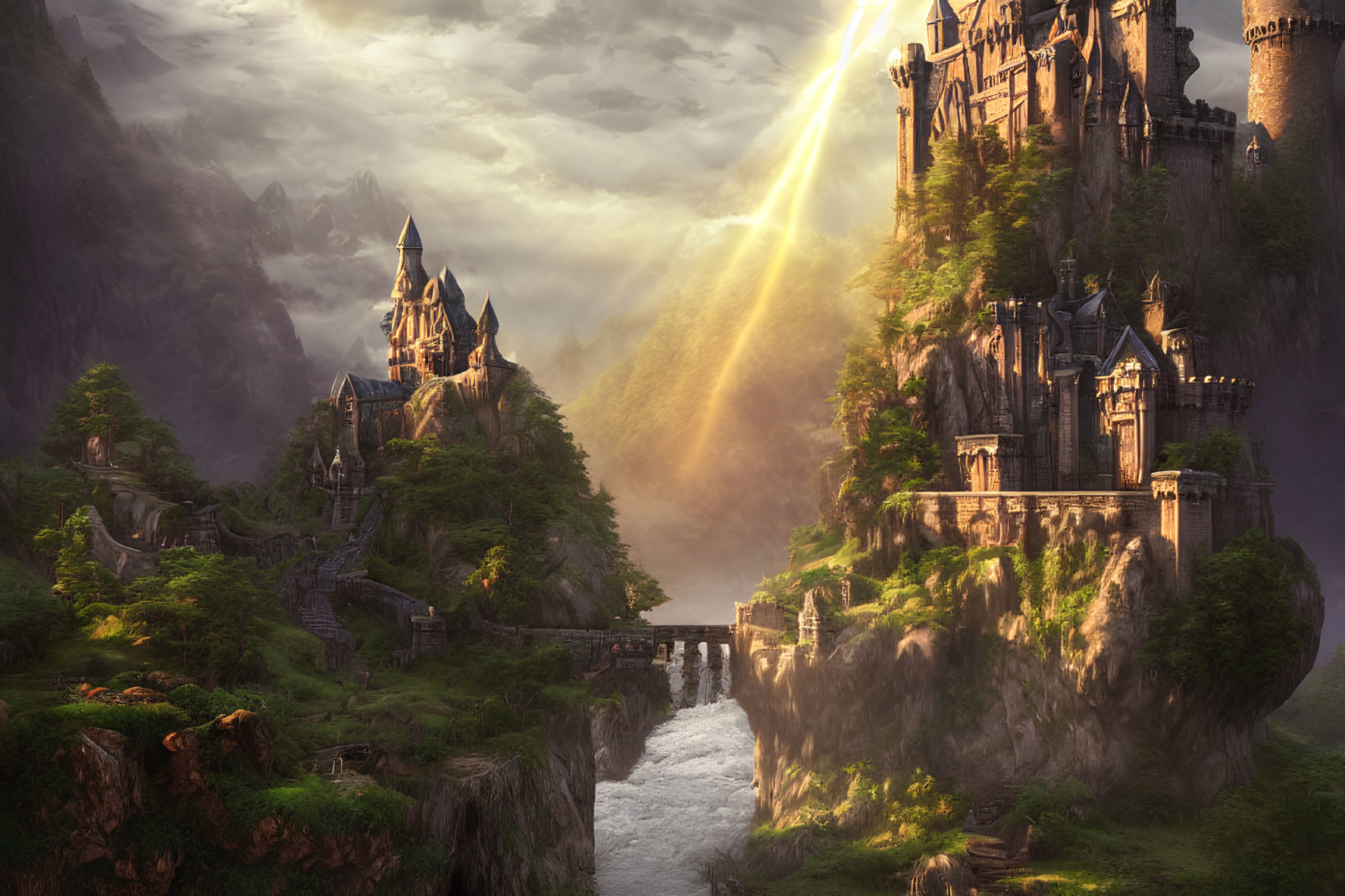 Majestic fantasy castle on rugged cliffs with waterfall and river, illuminated by dramatic sunbeam.