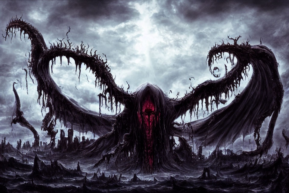 Monstrous entity with tentacles under stormy sky in desolate landscape