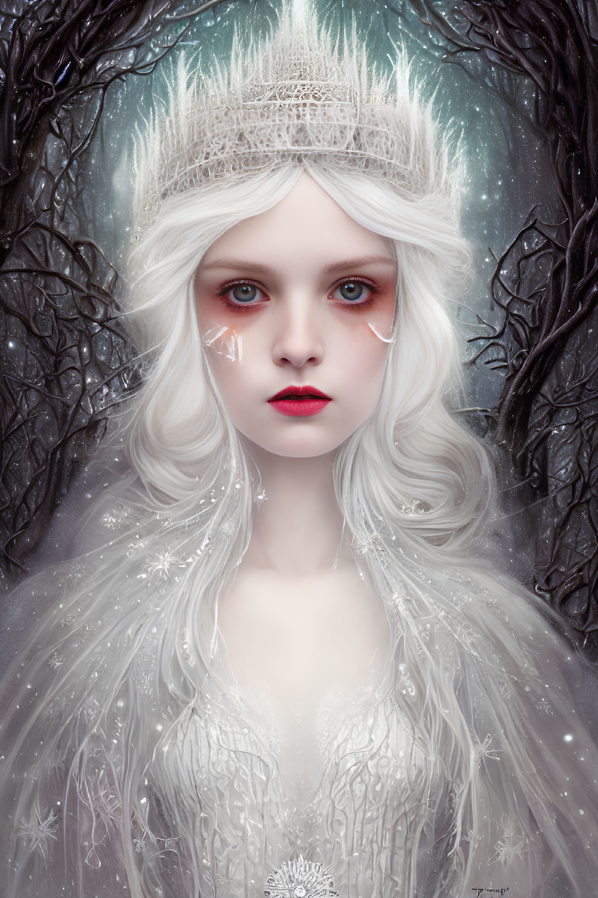 Pale-skinned woman in crystal crown and snowflake dress in ethereal forest