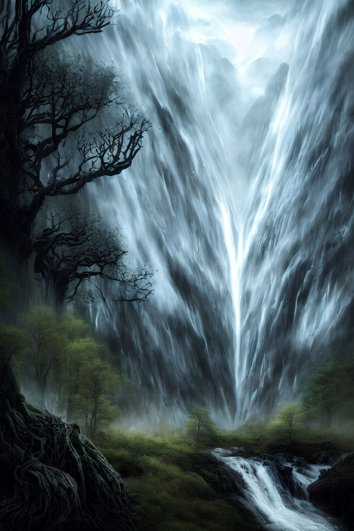 Majestic waterfall in misty mountain landscape with lush greenery