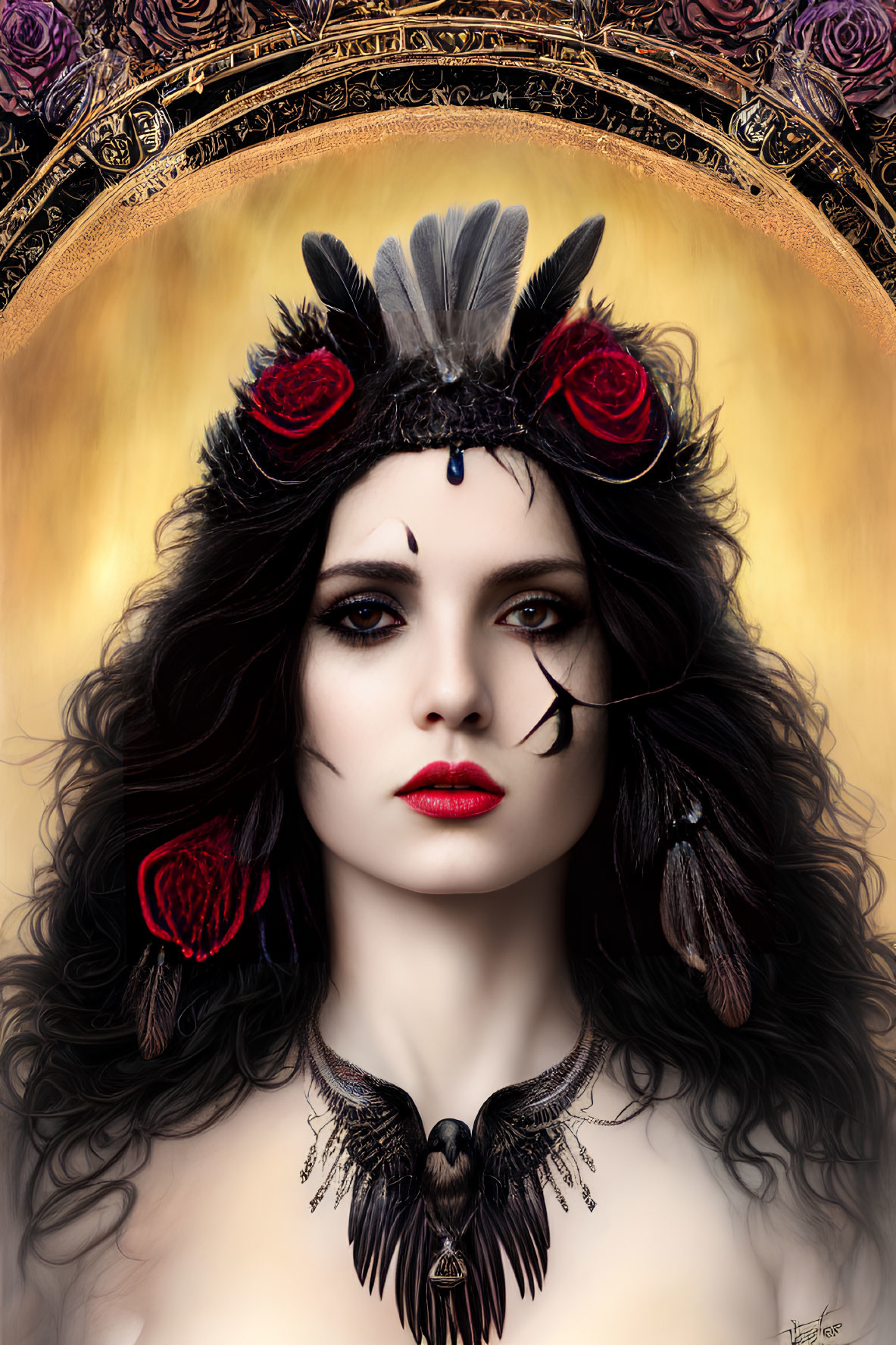 Pale-skinned woman with dark hair and striking makeup in headdress with feathers, roses, and bird