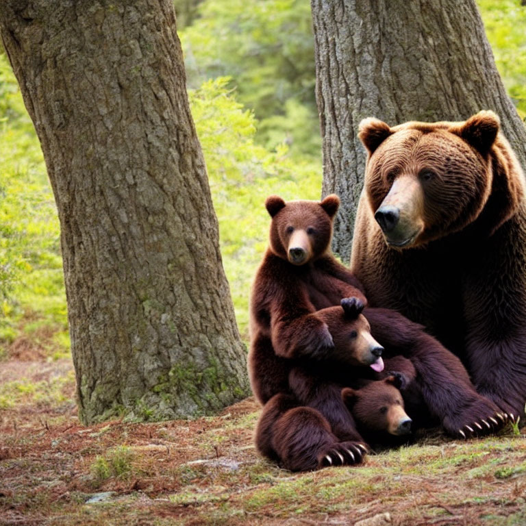 Mother bear with three cubs in forest scene