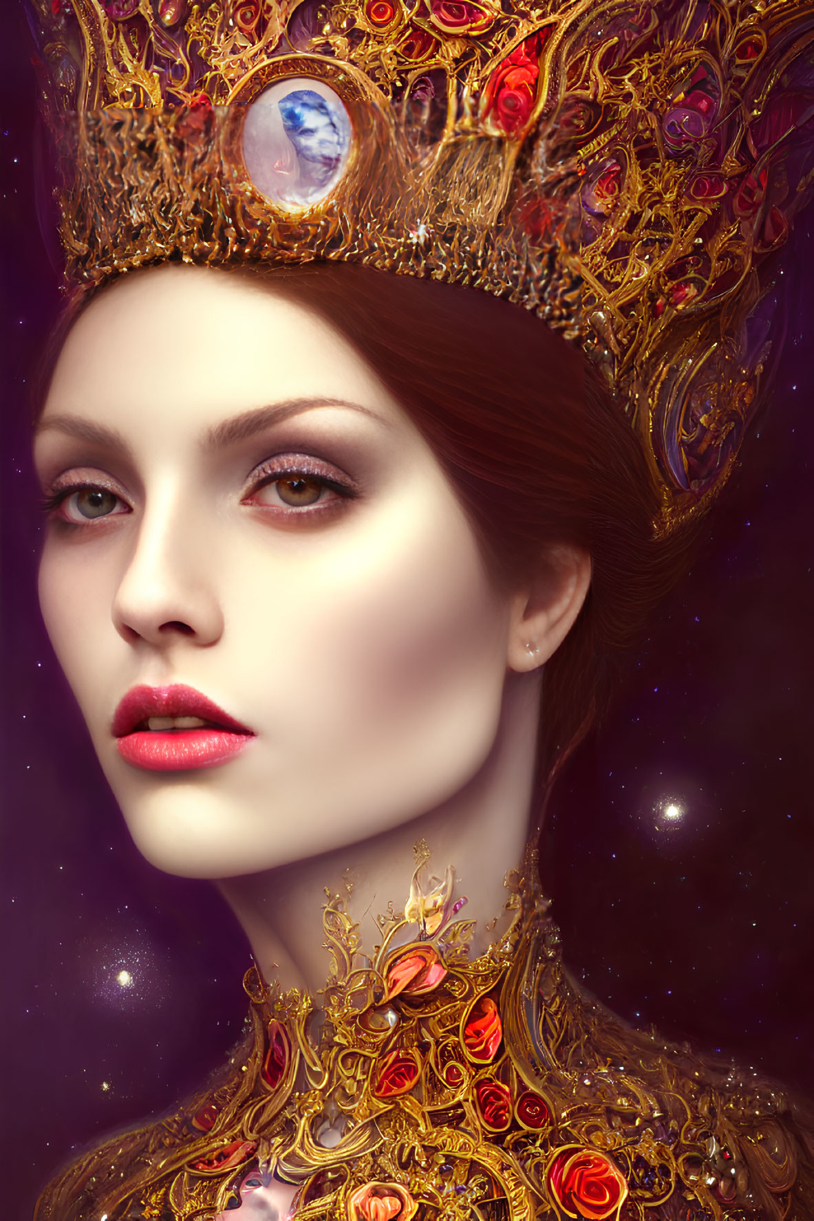 Fair-skinned woman with red lips wearing golden crown and rose necklace on cosmic purple backdrop