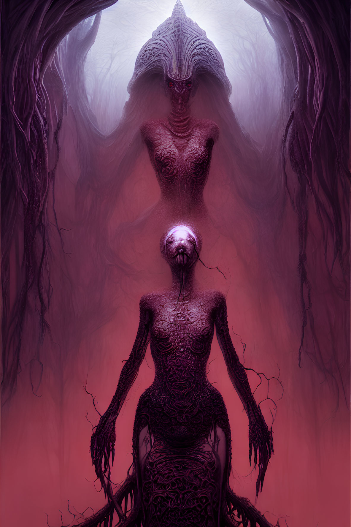 Mystical purple environment with humanoid figures and intricate textures