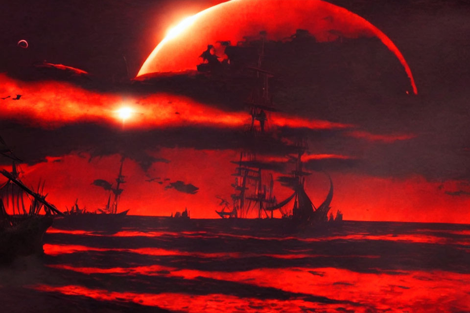 Sci-fi scene: Ships on red ocean under large red moon