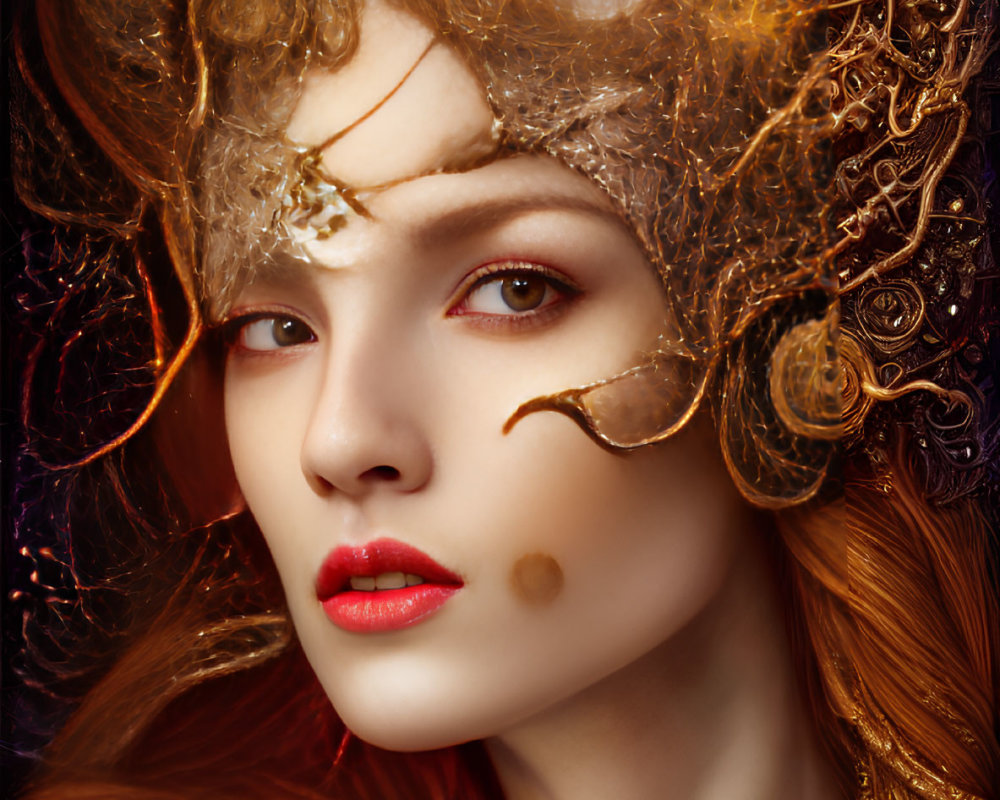 Ethereal portrait of a woman with golden headpiece and red hair