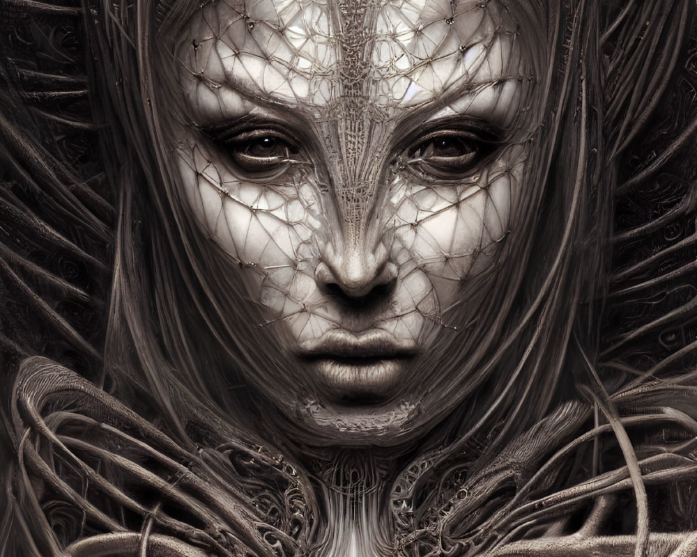 Detailed Digital Art: Humanoid Figure with Metallic Headdress & Circuitry Textures
