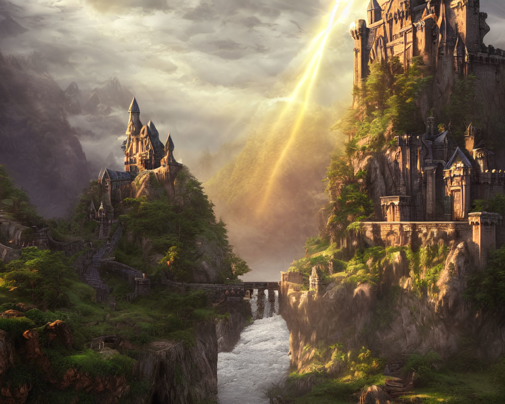 Majestic fantasy castle on rugged cliffs with waterfall and river, illuminated by dramatic sunbeam.
