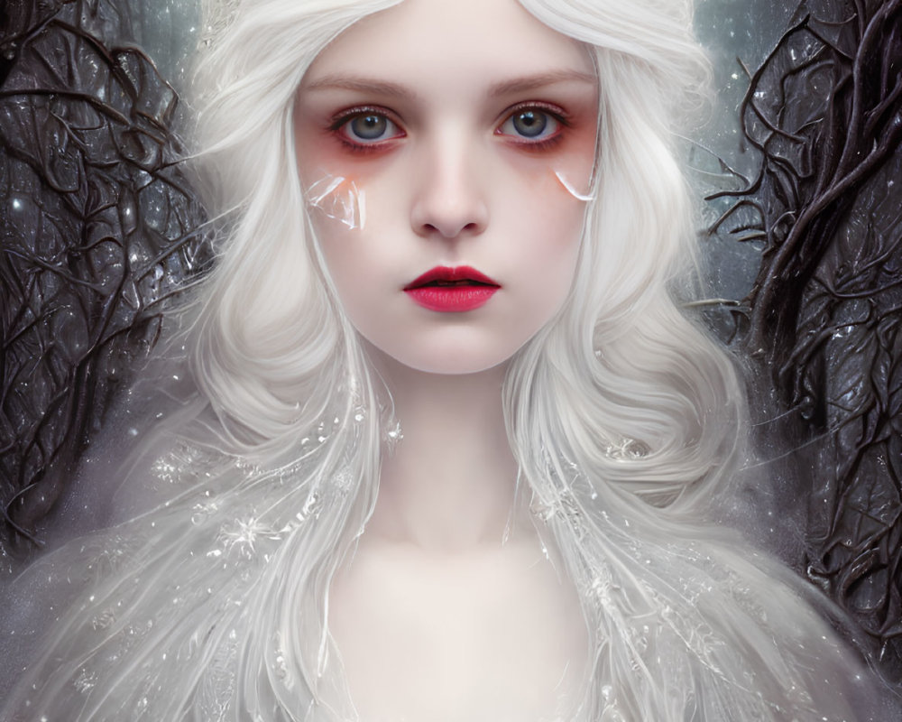 Pale-skinned woman in crystal crown and snowflake dress in ethereal forest