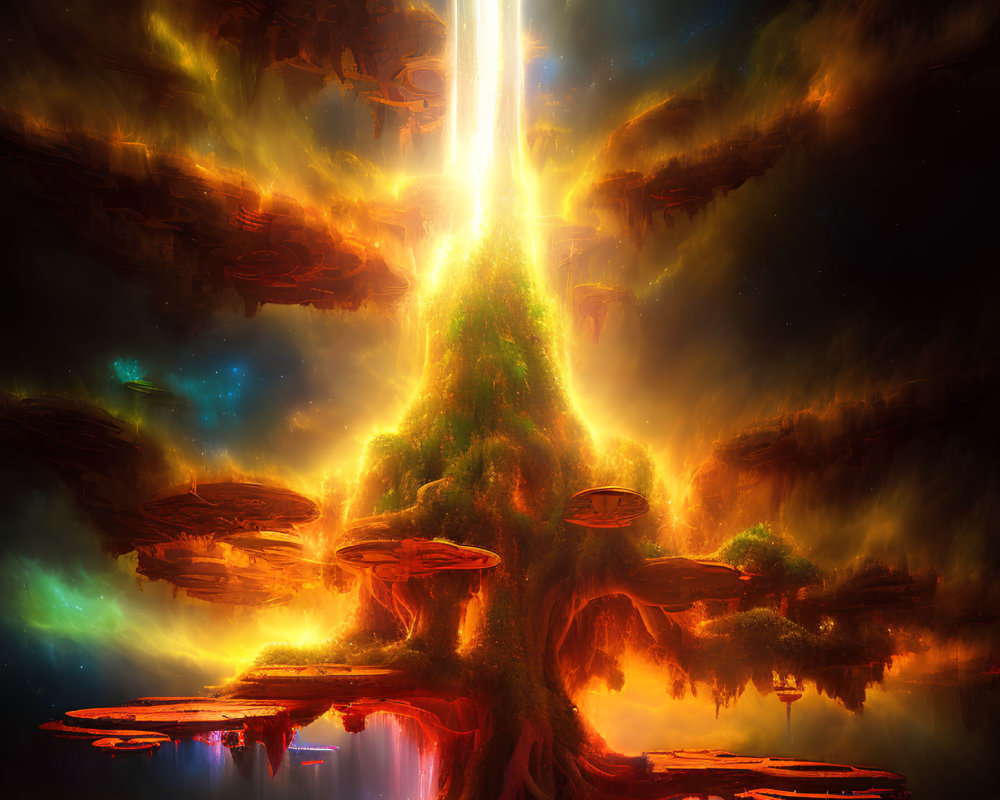 Colossal tree emitting light surrounded by floating islands in cosmic setting