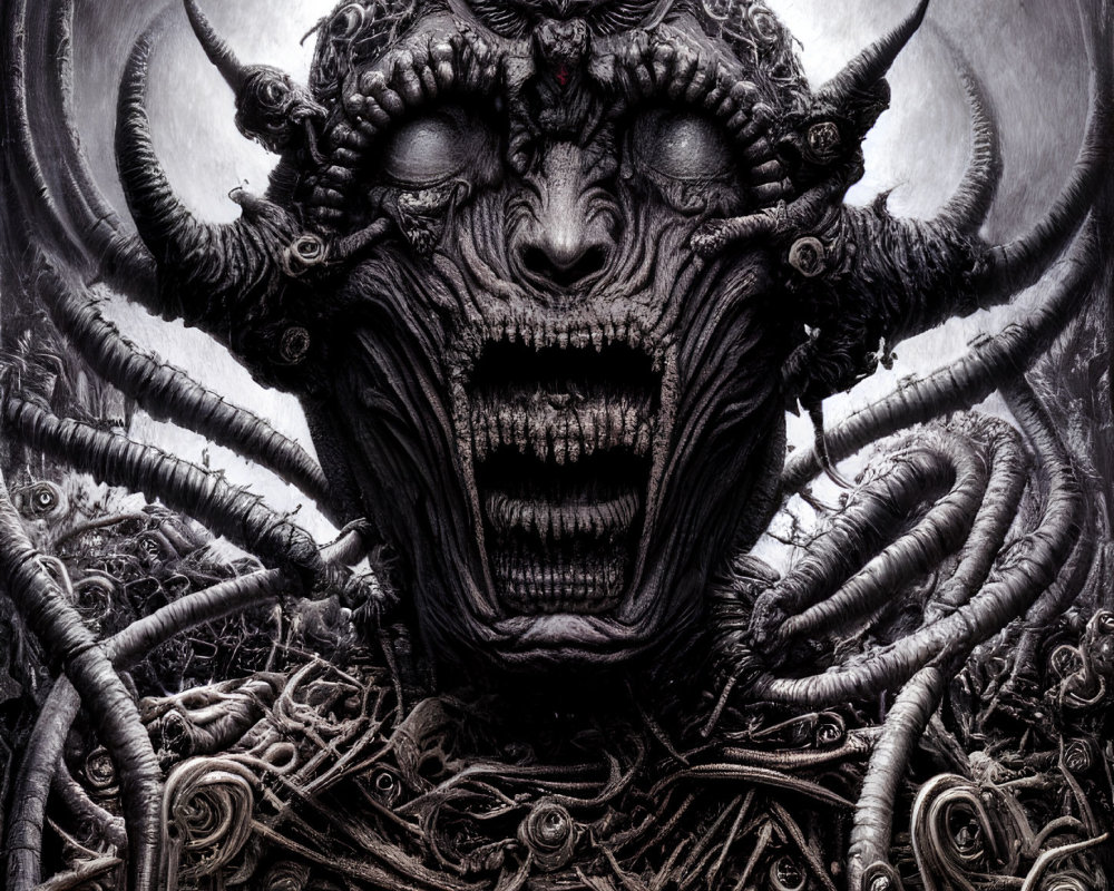 Detailed Artwork: Ominous Horned Demon with Swirling Tentacles