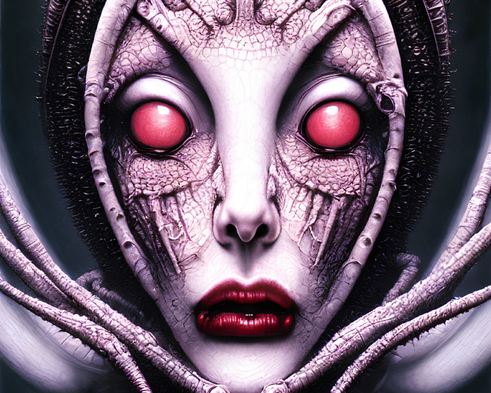 Humanoid Alien with Red Eyes and Bone-Like Headdress