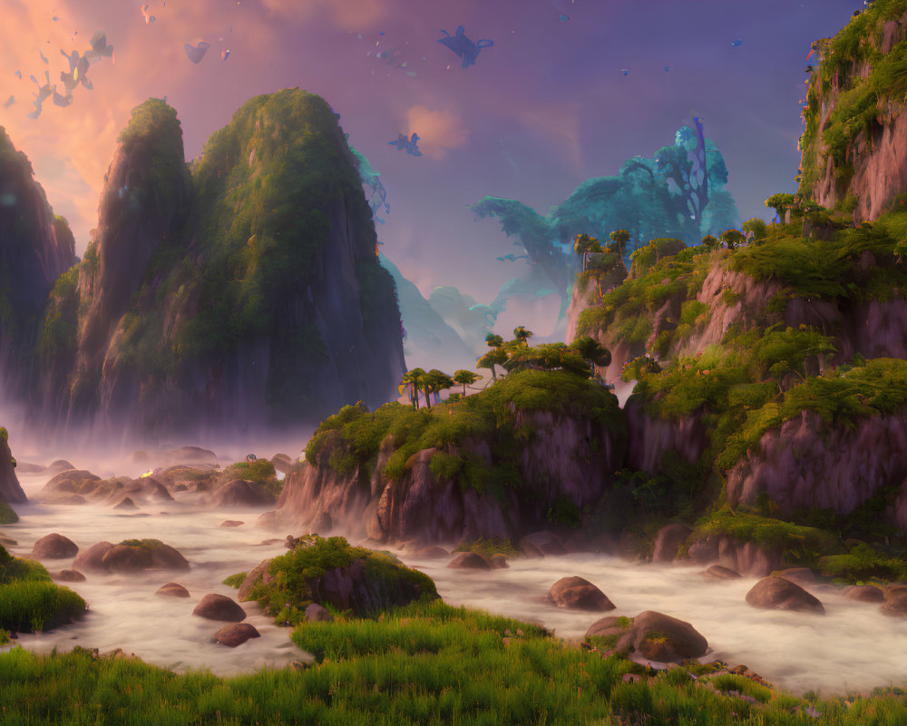 Misty rivers, floating islands, towering rocks in lush landscape