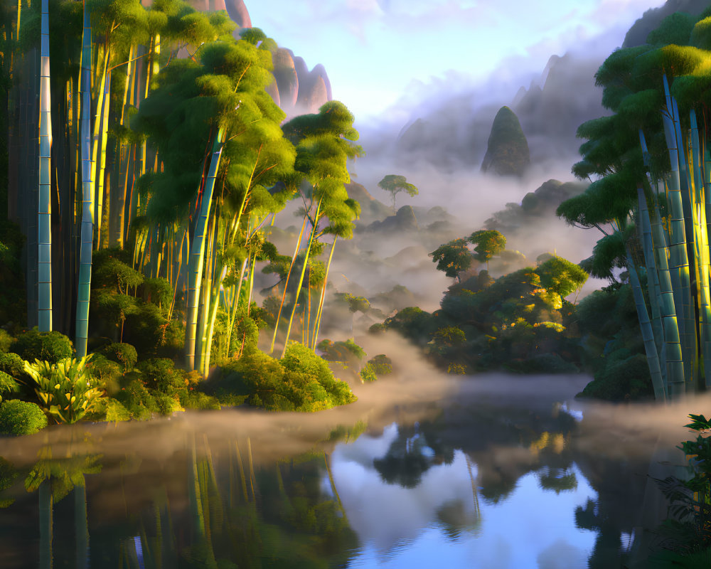 Tranquil sunrise scene: misty bamboo forest, serene lake, green hills