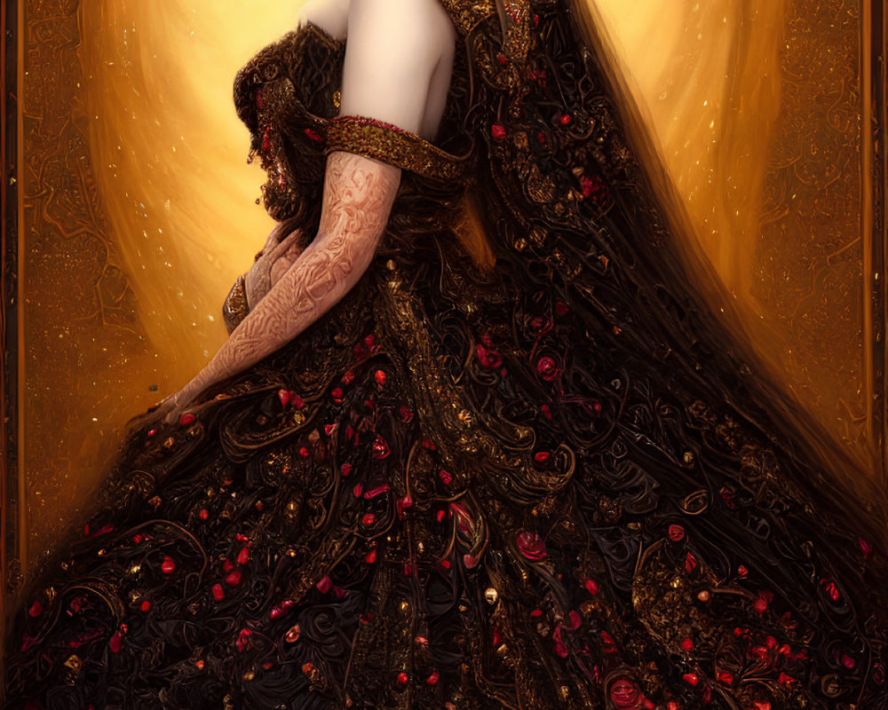 Digital Artwork: Elegant Woman in Black and Red Gown with Gold Accents