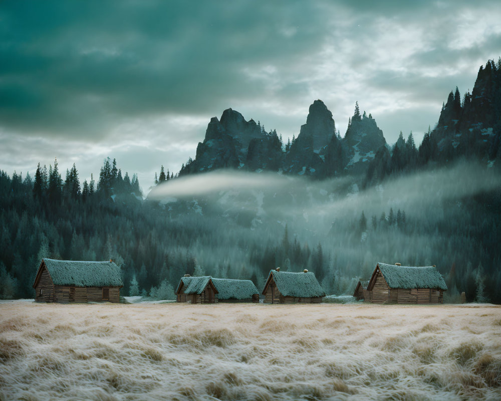 Rustic cabins in misty alpine landscape with dramatic sky
