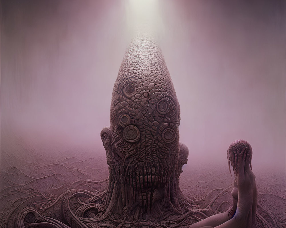 Surreal artwork featuring seated human and towering creature with multiple eyes