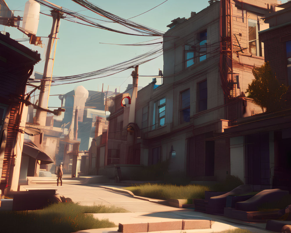 Urban alley with traditional and industrial elements under sunlight