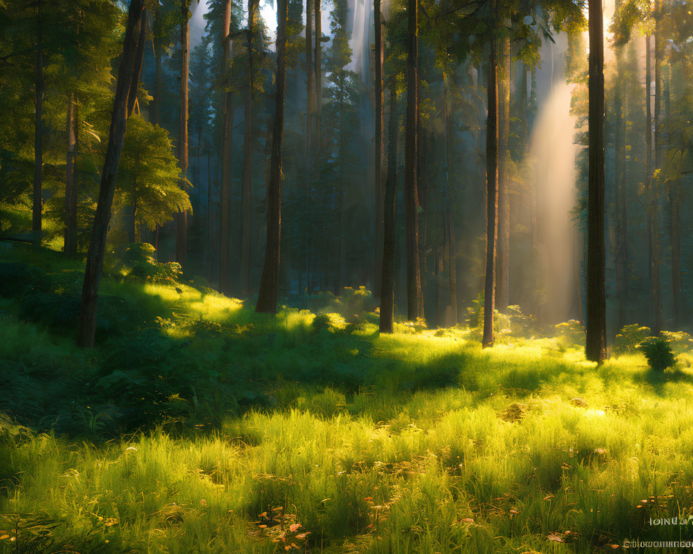 Dappled sunlight in dense forest with lush green understory