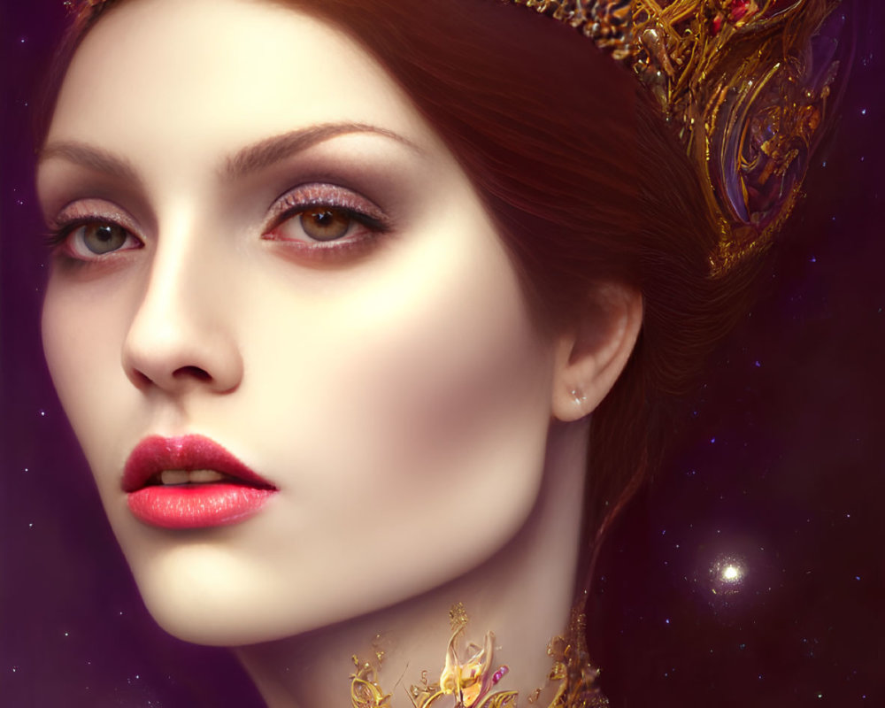 Fair-skinned woman with red lips wearing golden crown and rose necklace on cosmic purple backdrop