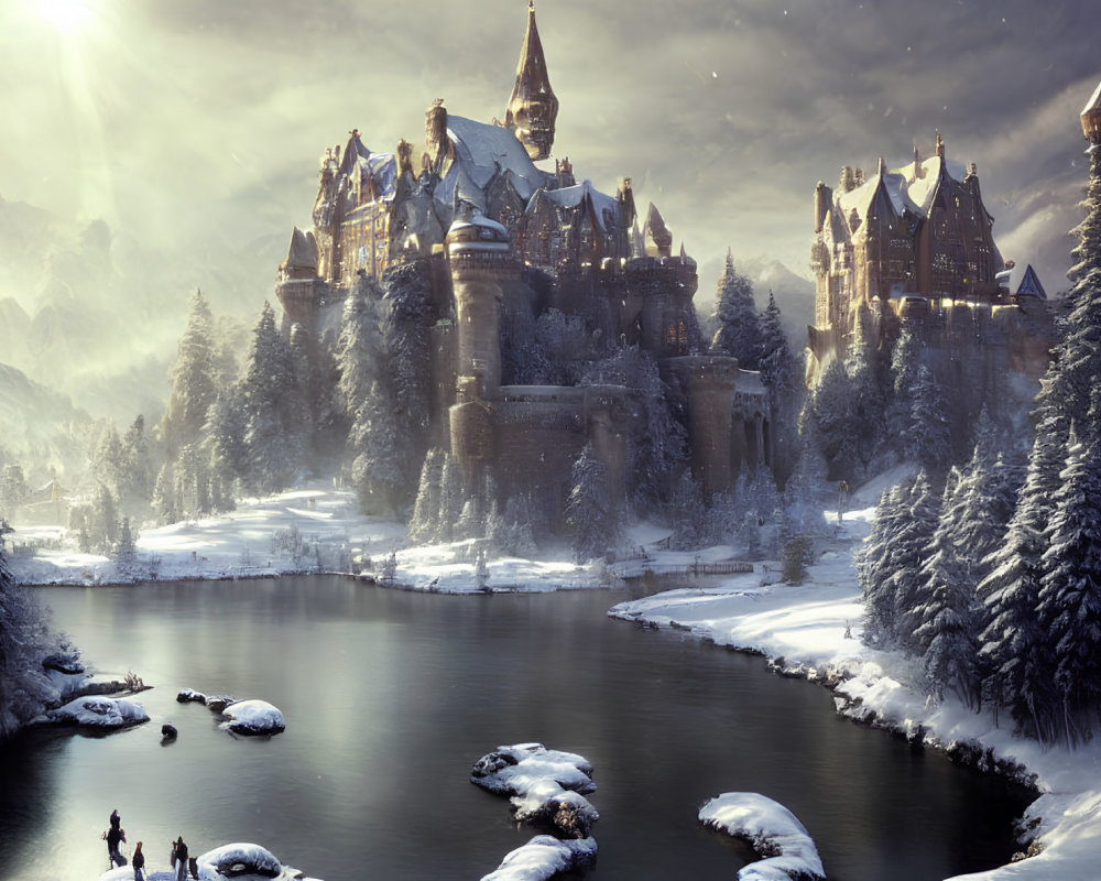 Winter castle scene with skating figures by frozen river at sunrise